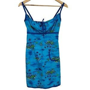 Y2k Hawaiian Print Mini Baby Doll Dress SZ 0 Blue Green Summer Beach GUC